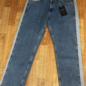 NEW BLUE With WHITE SIDE STRIP JEANS Frayed Hem Size  32 - 34L NWT BIN 3